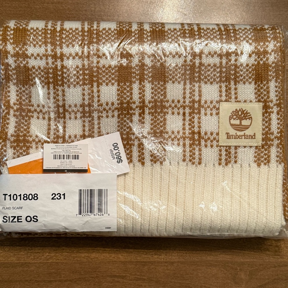 NEW Timberland Buffalo Plaid Winter Scarf Tan/Cream Acrylic $60 Retail